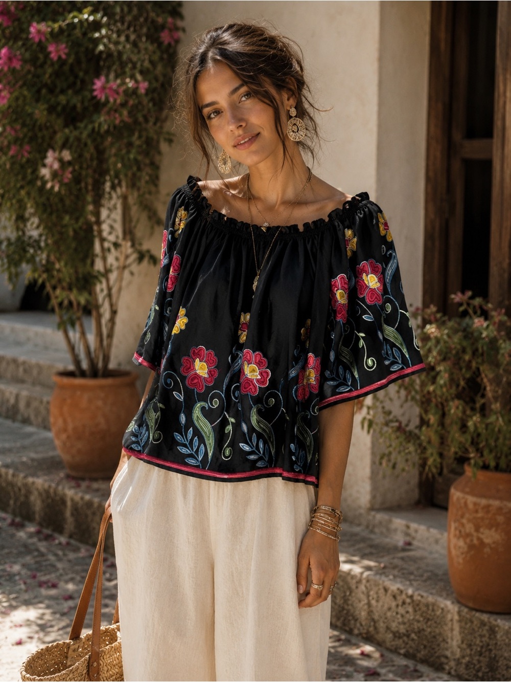 Embroidered Off-Shoulder Peasant Blouse - Black